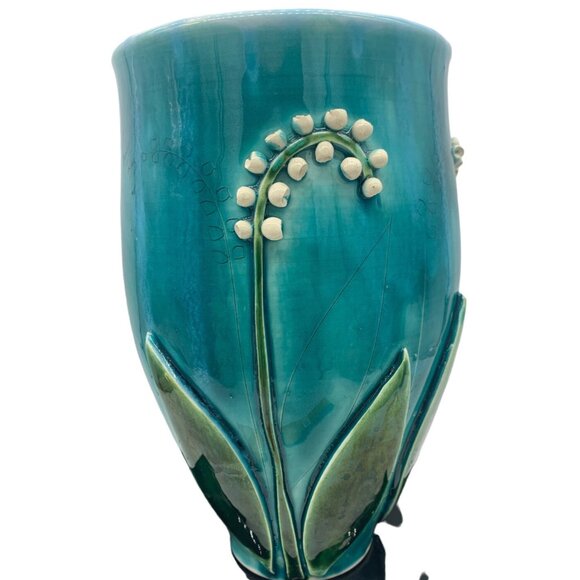 Handcrafted Art Nouveau Lily Of The Valley Ceramic Vase Turquoise & Green Floral - Picture 1 of 16